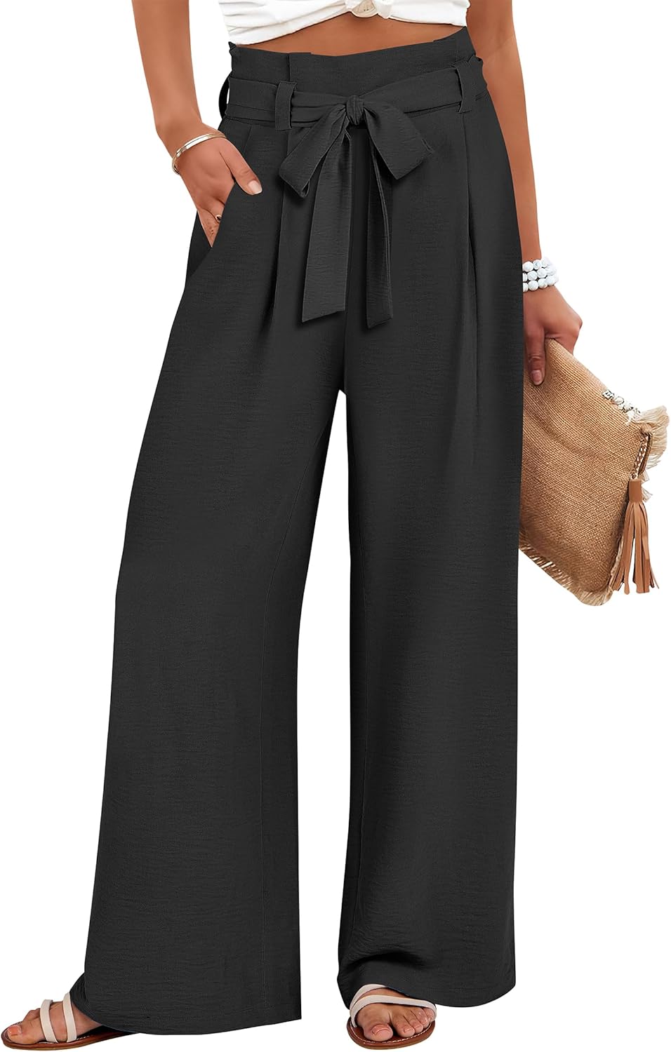 womens wide leg pants belted high waisted business casual flowy long trousers with pockets