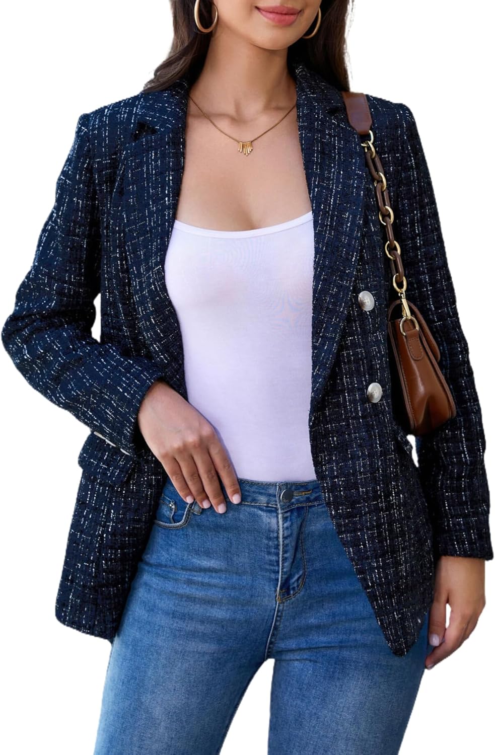 womens tweed blazers casual jackets long sve oversized open front plaid blazer jackets work suits with pockets