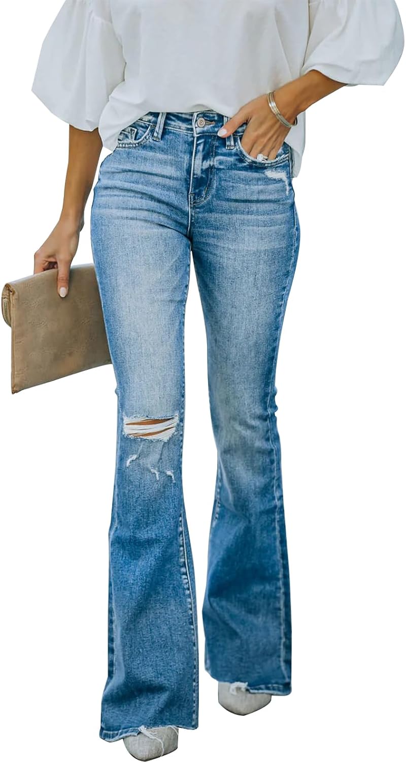 women flare bell bottom jeans high waisted wide leg bootcut jeans stretchy denim pants 2